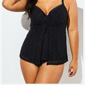 Meet.Curve Black Lace Tankini Swim Top XL NWT Twist Front Swimwear